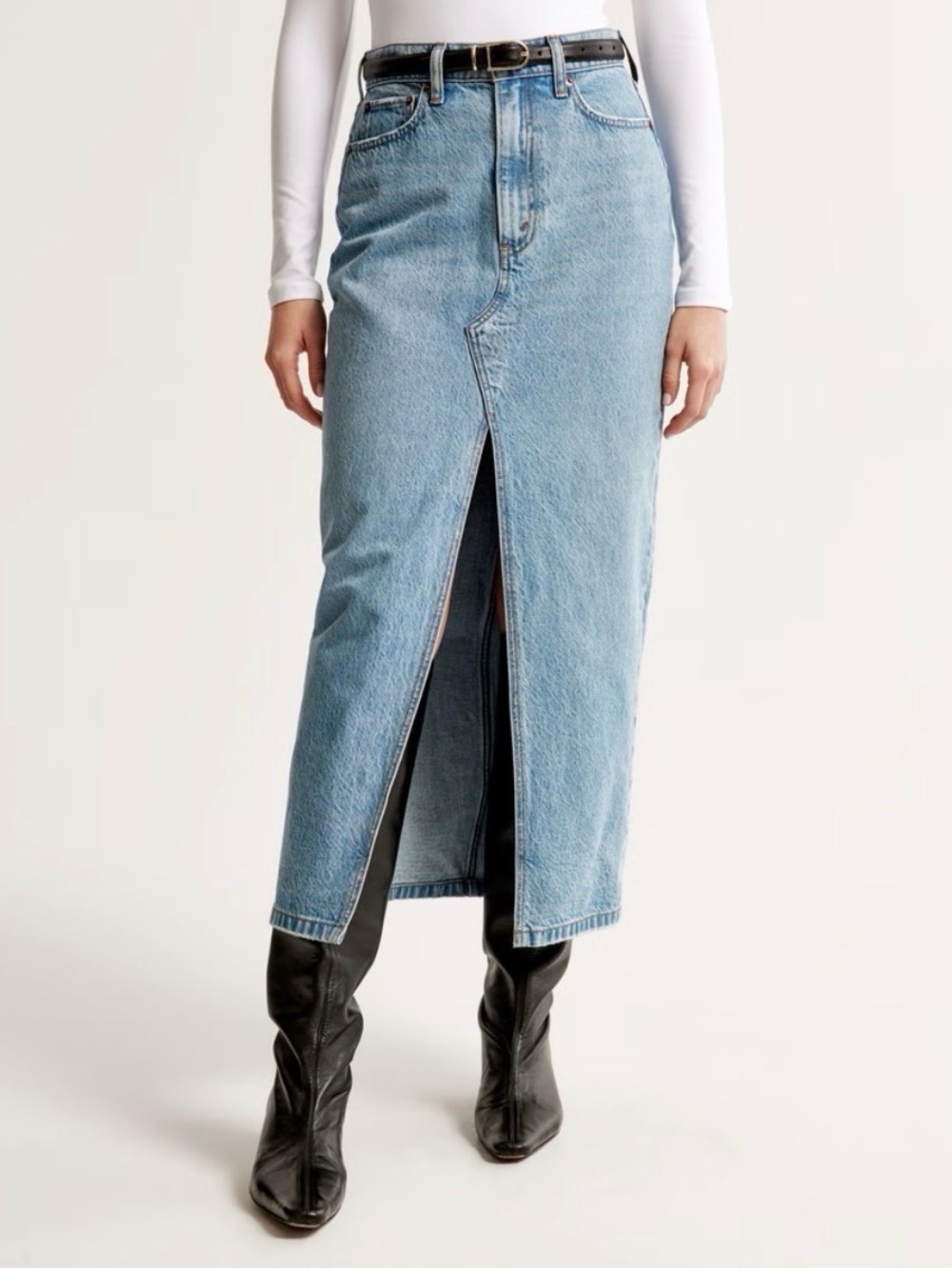 Abercrombie & Fitch Light Blue Denim Midi Skirt with Front Slit